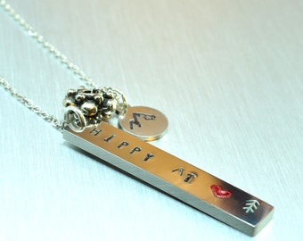 Hand Stamped Necklace, Silver Steel Vertical Bar Jewelry, Hippy At Heart Pendant Necklace