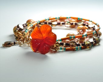 Seed Beads Multi Strand Carnelian Flower Button Bracelet