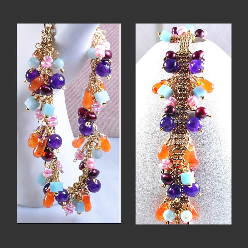 Multi Gemstone Bracelet with Gold Plate Chain with Carnelian Amethyst Amazonite Pearls