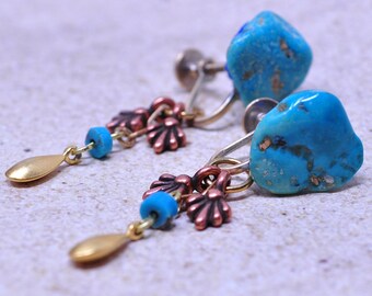 Turquoise Stone Screw Back Earrings Southwestern Style Turquoise Copper and Brass