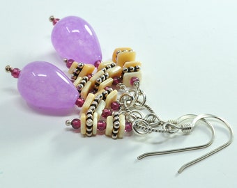 Pink Jade Teardrop Cluster Earrings, Yellow Shells and garnet