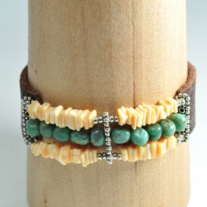 Stretch with Leather Bracelet Cuff, Multi Strand Jade and Shell zdjęcie 5