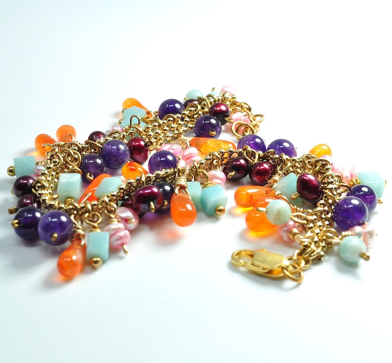Multi Gemstone Bracelet with Gold Plate Chain with Carnelian Amethyst Amazonite Pearls