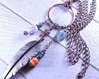 Silver Feather Necklace, Mixed Metals, Gemstones Boho Long Necklace