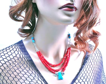 Coral Multi Strand Necklace, Turquoise Bib center Necklace, Southwestern Necklace