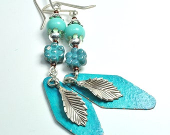 Leaf Flower and Patina Earrings, hand patina'd copper metal shapes, Vintage Turquoise color Japanese beads