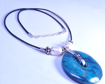 Large Turquoise Donut Necklace, Leather Necklace with Bali Sterling Bail