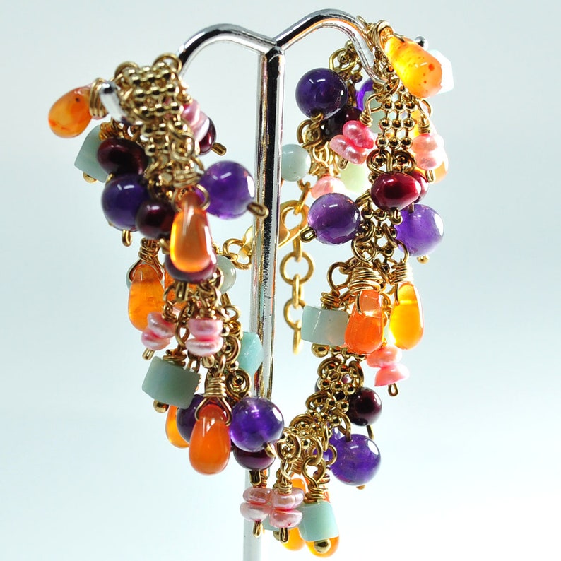Multi Gemstone Bracelet with Gold Plate Chain with Carnelian Amethyst Amazonite Pearls
