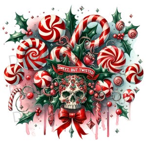 Dolce ma contorto divertente teschio di Natale in sublimazione PNG, download digitale di teschio di bastoncini di zucchero, clipart stampabile ad acquerello, teschio PNG