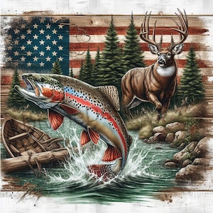 Bandera estadounidense, trucha, pesca, ciervo, PNG, diseño de sublimación de caza y pesca, descarga digital, acuarela, amante de la naturaleza al aire libre, trucha, ciervo PNG