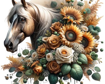 Watercolor horse and roses PNG for sublimation, digital download PNG, digital print art, horse clipart, printable, single image PNG
