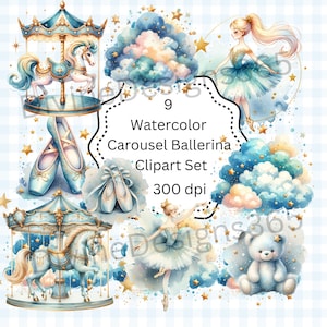 Watercolor ballerina carousel nursery clipart set, 9 PNG digital download, printable baby shower invitations, scrapbooking, card making