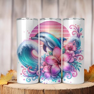 Watercolor dolphin 20 oz skinny tumbler wrap, tropical flowers dolphin sublimation design PNG, digital download, summer tumbler designs PNG