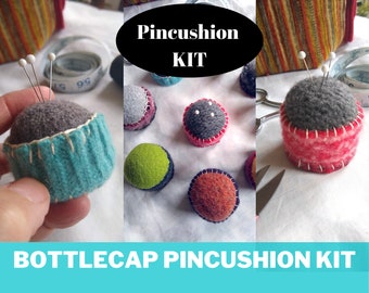 Kit - to sew a Bottlecap Pincushion includes instructions, wool felt and stuffing