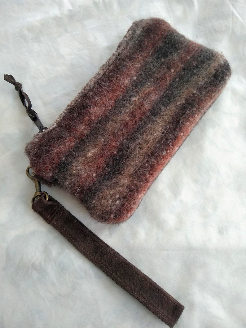 upcycled wool leather bag small bag with leather accents and handle multi colored brown and mauve  zipper pouch with brown zipper