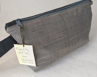 Zipper Pouch a roomy wristlet that works as a project bag or  tool bag for everyday living!  upcycled from suit coats, flat bottom clutch