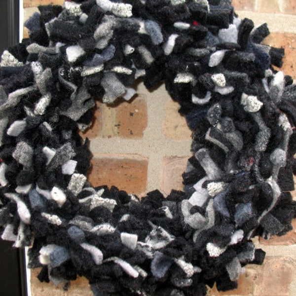 Black and Gray wreath, wool wreath, Fiber Art Wreath - Recycled Felted Wool - OOAK - Decor for Wall or Table