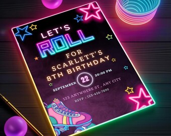 May include: Neon pink, blue, and green birthday party invitation with the text "Let's Roll" for Scarlett's 8th birthday. The invitation includes a roller skate graphic and stars.