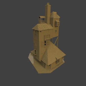 May include: A brown, multi-level house with a crooked, angled roof and multiple windows. The house has a chimney and a small balcony.