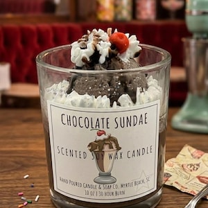 Chocolate Sundae Candle | Dessert Scented Soy Wax | Whipped Cream Cherry Topping | Foodie Gift