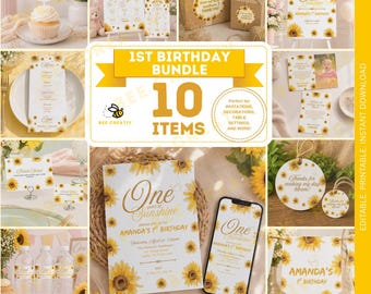 Sonnenblumen-Sonnenschein-Paket zum 1. Geburtstag, bearbeitbare Canva-Vorlagen