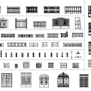 May include: A detailed architectural drawing showcasing various wrought iron fence and gate designs. The image displays a variety of styles, including ornate gates, simple fences, and decorative panels, all in black and white.