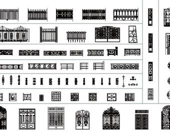 Puede incluir: Un dibujo arquitectónico detallado que muestra varios diseños de vallas y puertas de hierro forjado. La imagen muestra una variedad de estilos, incluyendo puertas ornamentadas, vallas simples y paneles decorativos, todo en blanco y negro.