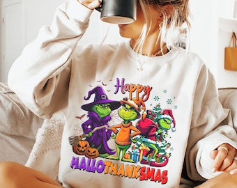 Happy Hallothanksmas Png, Retro Green Guy Christmas PNG, Halloween Thanksgiving Instant Download Christmas Movie Character Png