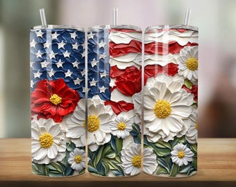 Flower 4th of July Tumbler Wrap PNG, 20oz Skinny Sublimation Design, Floral American Flag Patriotic Independence Day Tumbler