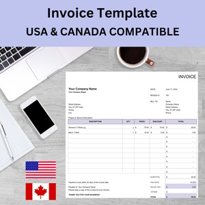 以下が含まれることがあります： 米国とカナダの両方の企業と互換性のある印刷可能な請求書テンプレート。テンプレートには、顧客情報、品目説明、数量、価格、割引、合計のフィールドが含まれています。また、税金計算のセクションと支払条件のスペースも含まれています。