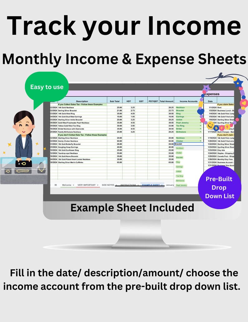 Monthly Income/expense Tracker- Sales Tax Tracker- Automated 12 Month ...