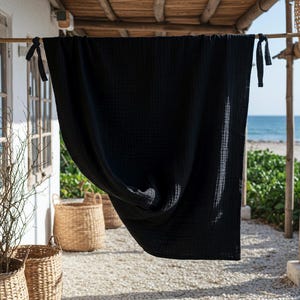 Black Muslin Gauze Curtain: 4-Layer Cotton Sheer Panel