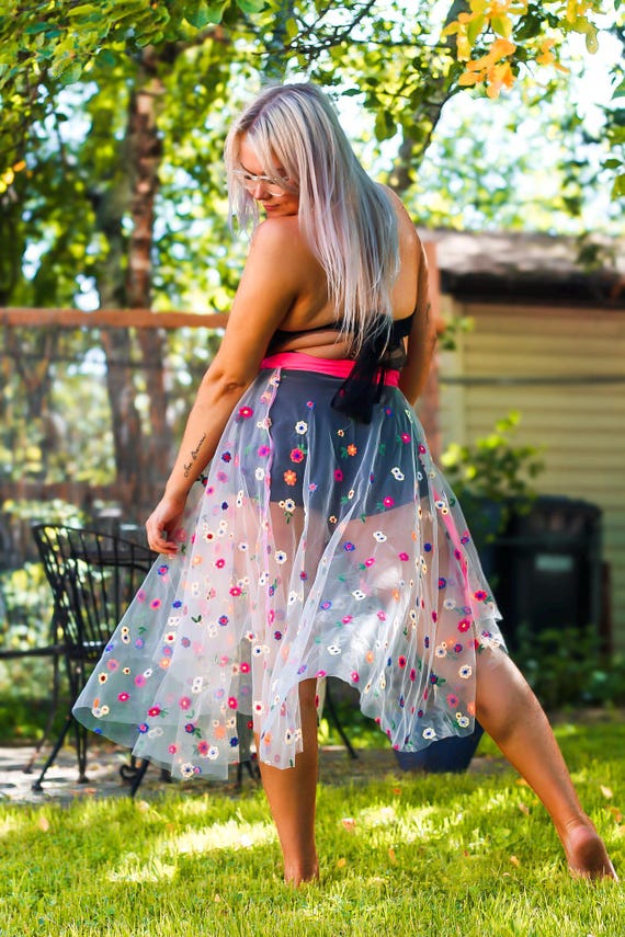 Festival Neon Flower Wrap Skirt Embroidered Tulle Blacklight Compatible