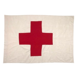 May include: A white flag with a large red cross in the centre.
