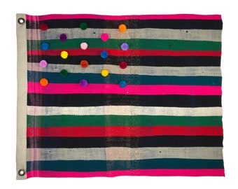 Multicolor PomPom Flag with Vintage Moroccan Textile