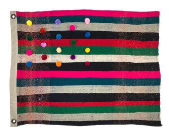 Multicolor PomPom Flag with Vintage Moroccan Textile