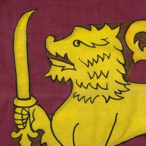 Puede incluir: Un le&oacute;n amarillo con una espada marr&oacute;n en su pata, sobre un fondo marr&oacute;n. El le&oacute;n est&aacute; mirando hacia la izquierda y tiene una melena marr&oacute;n. La espada est&aacute; apuntando hacia arriba.