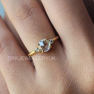 Round Rose Cut Three Stone Engagement Ring, 14K Yellow or White Gold Minimalist Dainty Bridal Ring, Unique Wedding Jewelry Gift