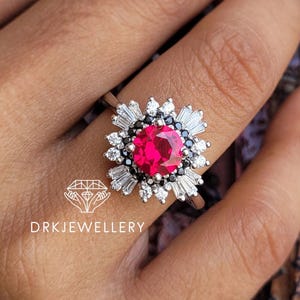 Round Cut Ruby Engagement Ring 14K White Gold Halo Ring, Vintage Cluster Ruby Ring, Bridal Promise Ring, Anniversary Gift for Her