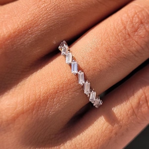 Baguette Cut Moissanite Diamond Wedding Bands, 14K White Gold Wedding Band, Baguette Half Eternity Band, Matching Stacking Bands