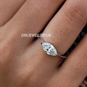 1 Carat East West Marquise Cut Lab Grown Diamond Solitaire Engagement Ring, Dainty 14k White Gold Stackable Ring, Anniversary Gift For Her