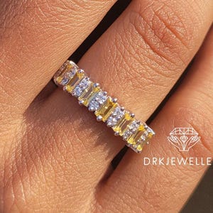 Yellow Sapphire Vintage Eternity Band, 14K White Gold Wedding Bands, Yellow Baguette & Round Diamond Stackable Band, Custom with Aquamarine