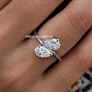 Toi et Moi Ring Pear Lab Diamond Engagement Ring, 14K White Gold Two Stone Wedding Ring, You And Me Promise Ring, Birthday Gift For Her