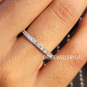 Thin 14K White Gold Lab Grown Diamond Band, Minimalist Round Diamond Eternity Wedding Band, Dainty Stacking Ring for Her