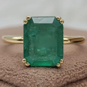 3.38 Ct Emerald Cut Natural Emerald Ring, 14K Gold Solitaire Engagement Ring, Green Gemstone Ring, May Birthstone Ring, Gift for Her