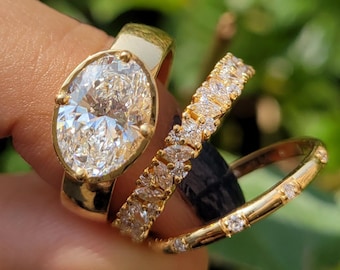 2.5 Ct Oval Moissanite Engagement Ring Set, East West Oval Ring, 14K Solid Gold Wedding Ring Set, Bridal Ring Set, Handmade Jewelry