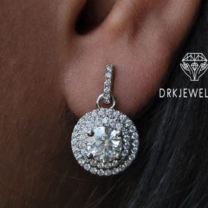Moissanite Dangle Earrings, Round Cut Drop Earrings in 14K White Gold, Halo Wedding Earrings, Bridal Jewelry Gift, Eco-Friendly Earrings