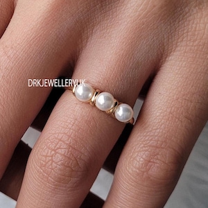Three Stone Pearl Engagement Ring, White Pearl Ring in 14K/18K Yellow Gold, Unique Wedding Ring for Her, Handmade Pearl Jewelry