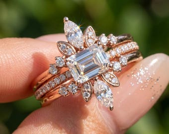Emerald Cut Engagement Ring Set, 3 Piece Bridal Ring Set, Marquise & Round Tiara Wedding Band, 14K Gold Set,  Handmade Jewelry