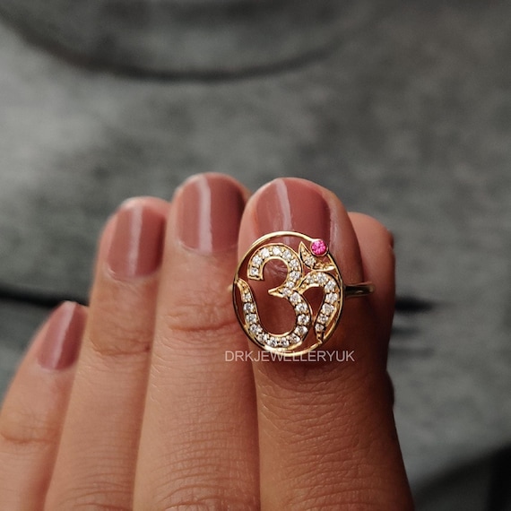 Dainty 10k White Gold Om Symbol Ring With Diamond – Size 10.5, Open Design